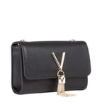 Lieblingstasche black pebbled leather Pochette Divina crossbody bag with gold V logo and tassel detail.