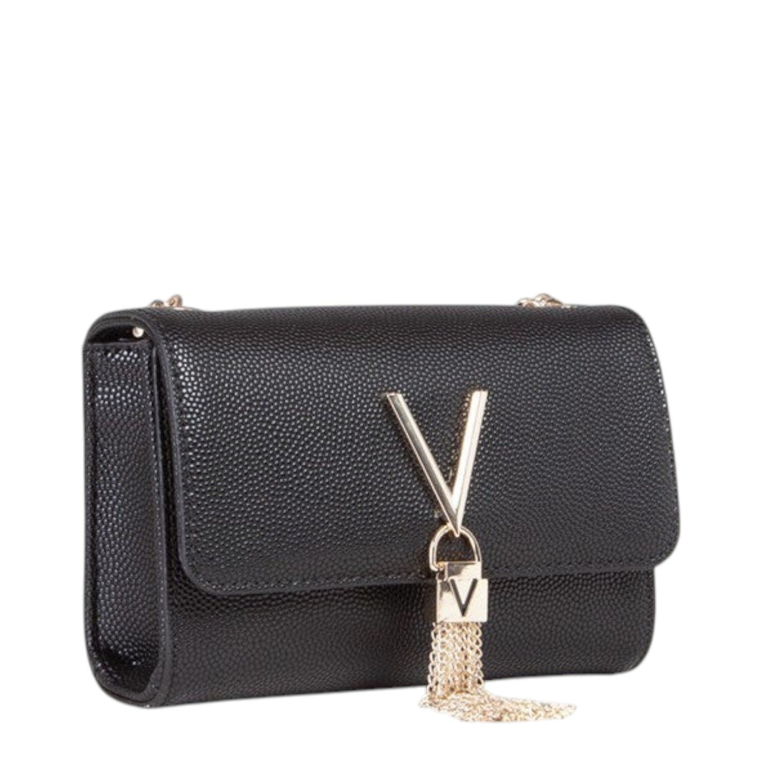 Lieblingstasche black pebbled leather Pochette Divina crossbody bag with gold V logo and tassel detail.