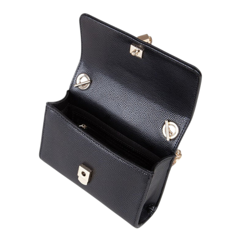 Lieblingstasche black pebbled leather pochette with gold hardware and chain strap, open view.