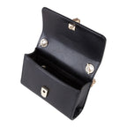 Lieblingstasche black pebbled leather pochette with gold hardware and chain strap, open view.
