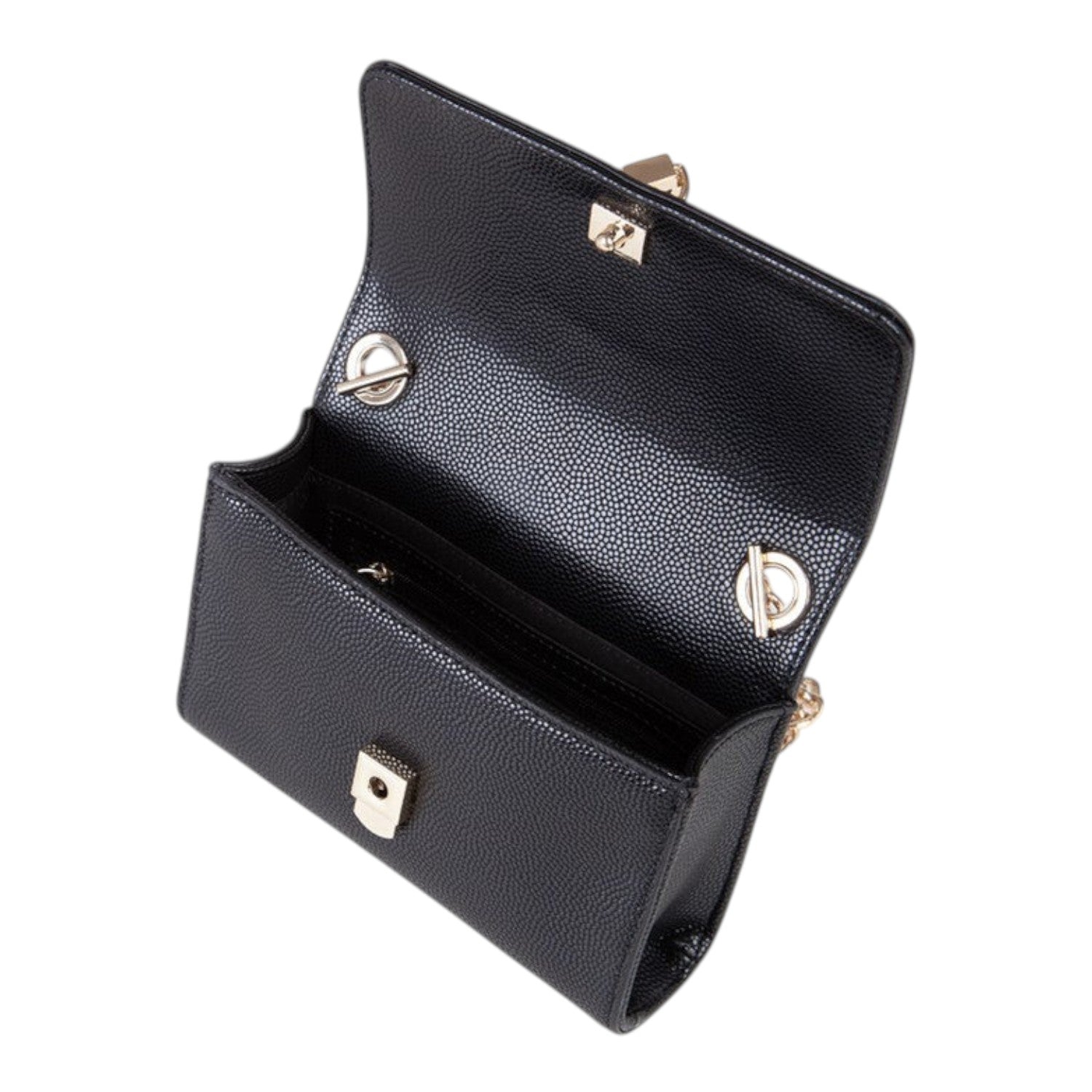Lieblingstasche black pebbled leather pochette with gold hardware and chain strap, open view.
