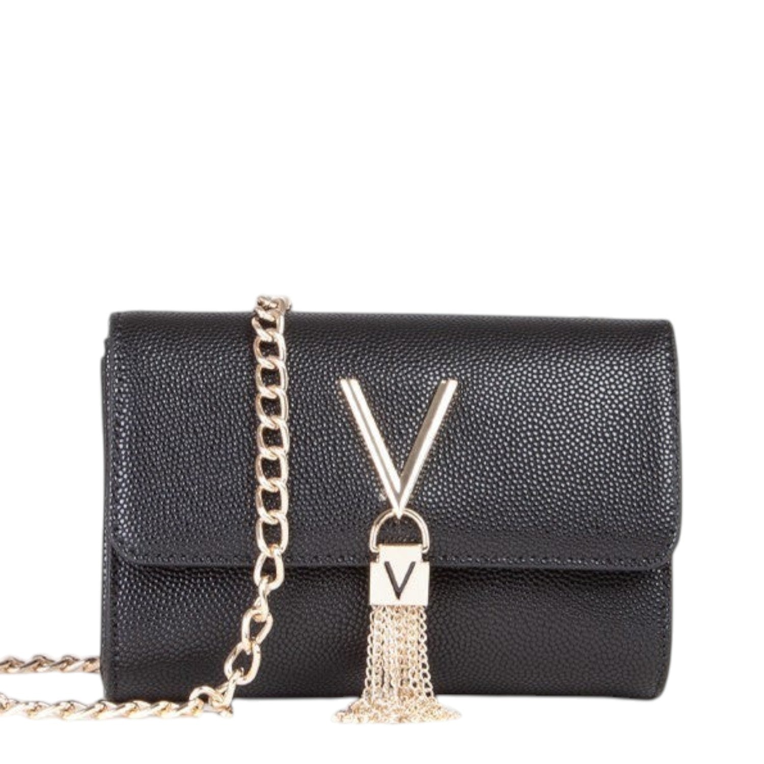 Lieblingstasche black pebbled leather pochette with gold V logo and tassel detail, gold chain strap.