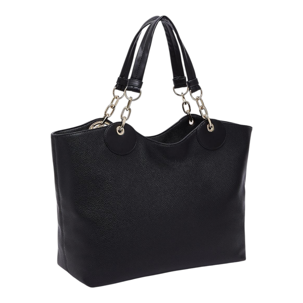 Lieblingstasche ECS Tote L in black pebbled leather with gold chain link handles against a light grey background