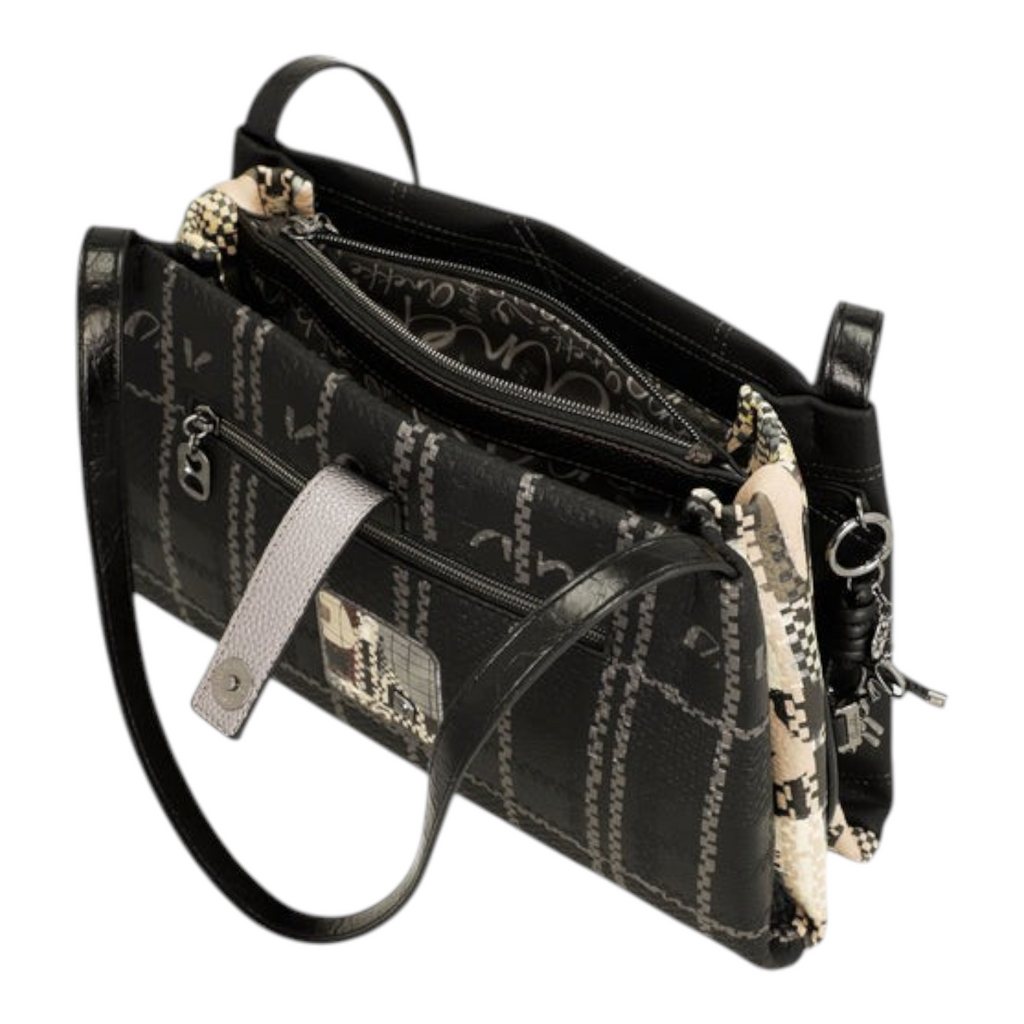 Lieblingstasche shoulder bag in black with a patterned fabric design, featuring multiple zippered compartments.