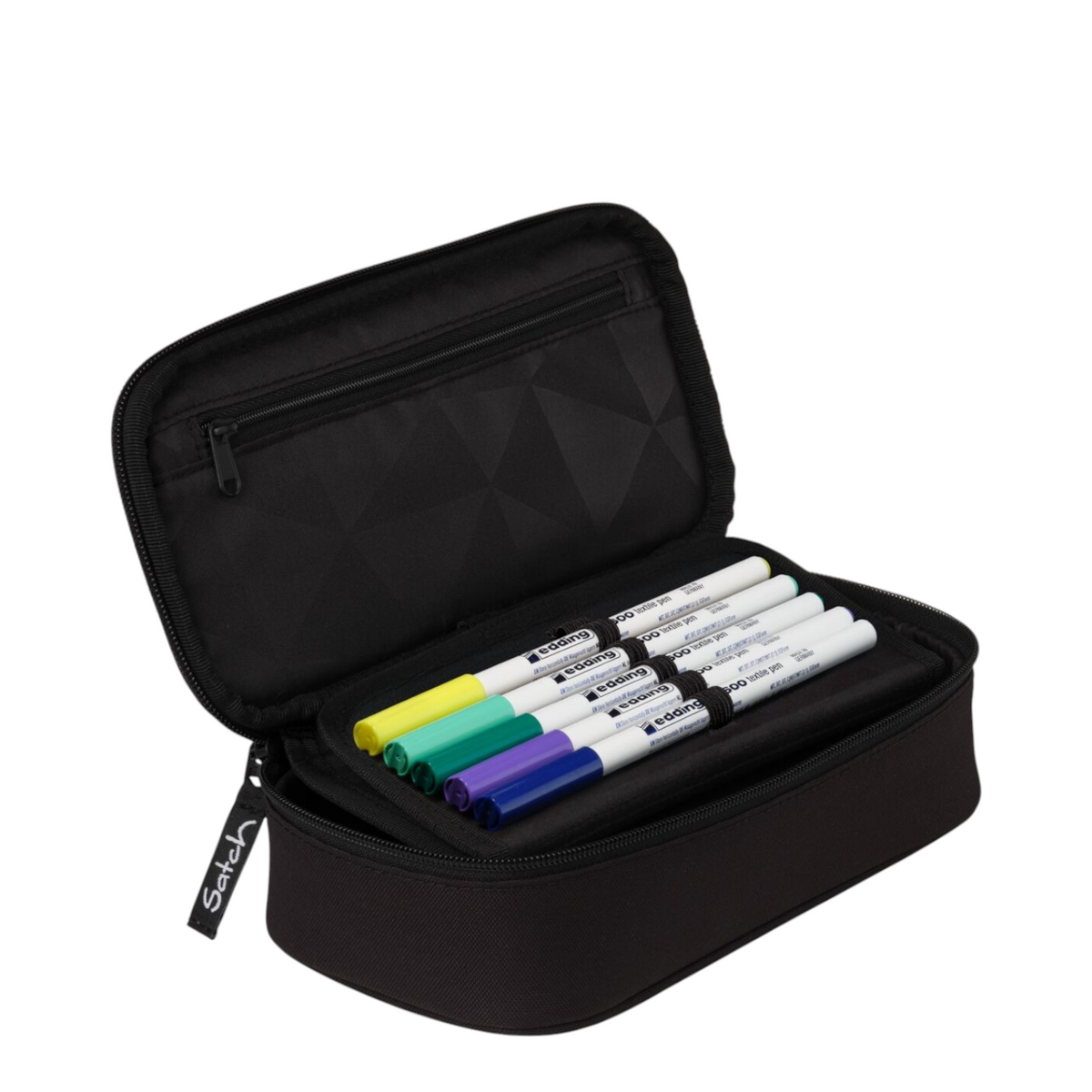 Lieblingstasche black pencil case open with a set of five colorful Edding felt-tip pens inside