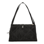 Lieblingstasche black shoulder bag with perforated geometric patterns and a central metallic stud closure