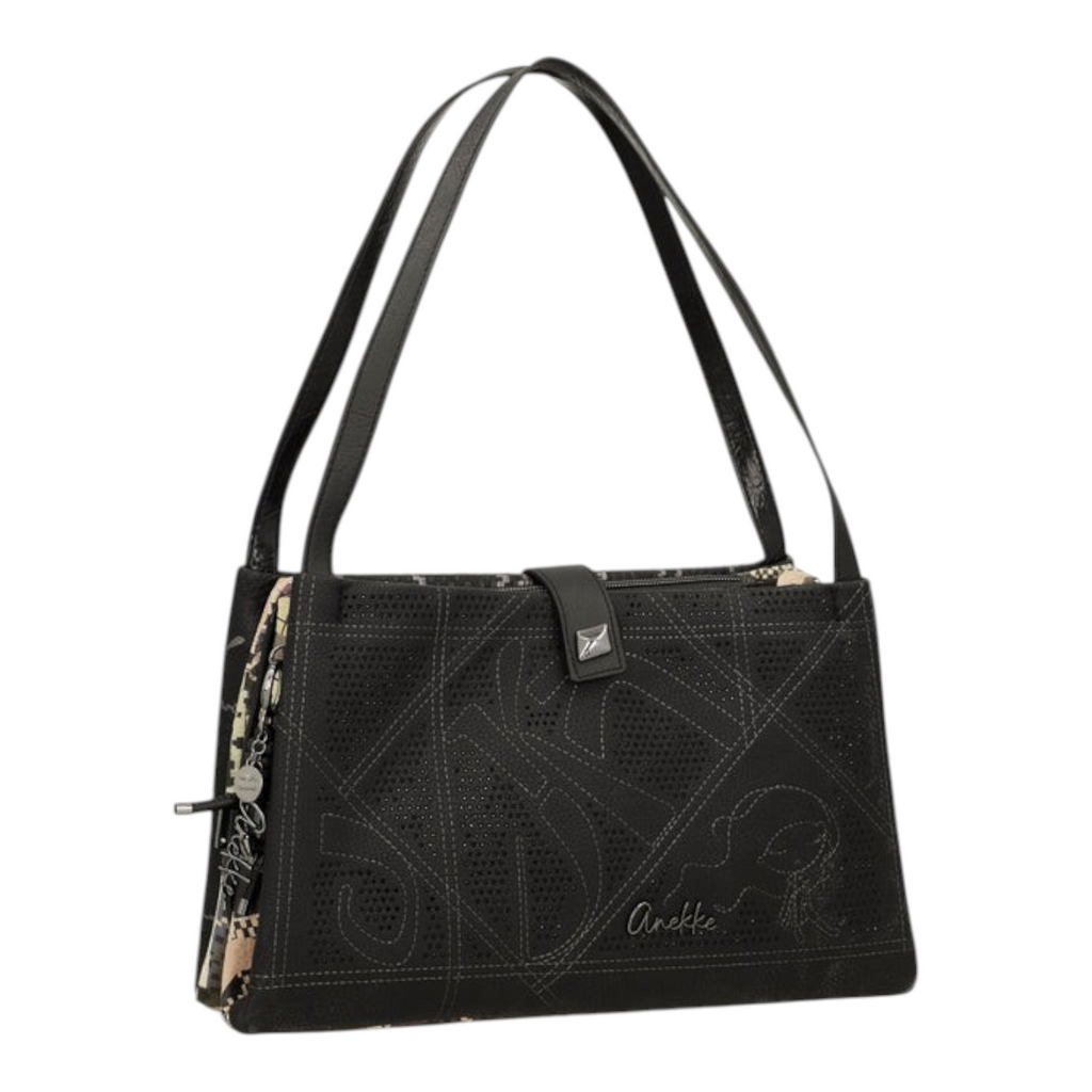 Lieblingstasche black shoulder bag with perforated geometric patterns and decorative side panels