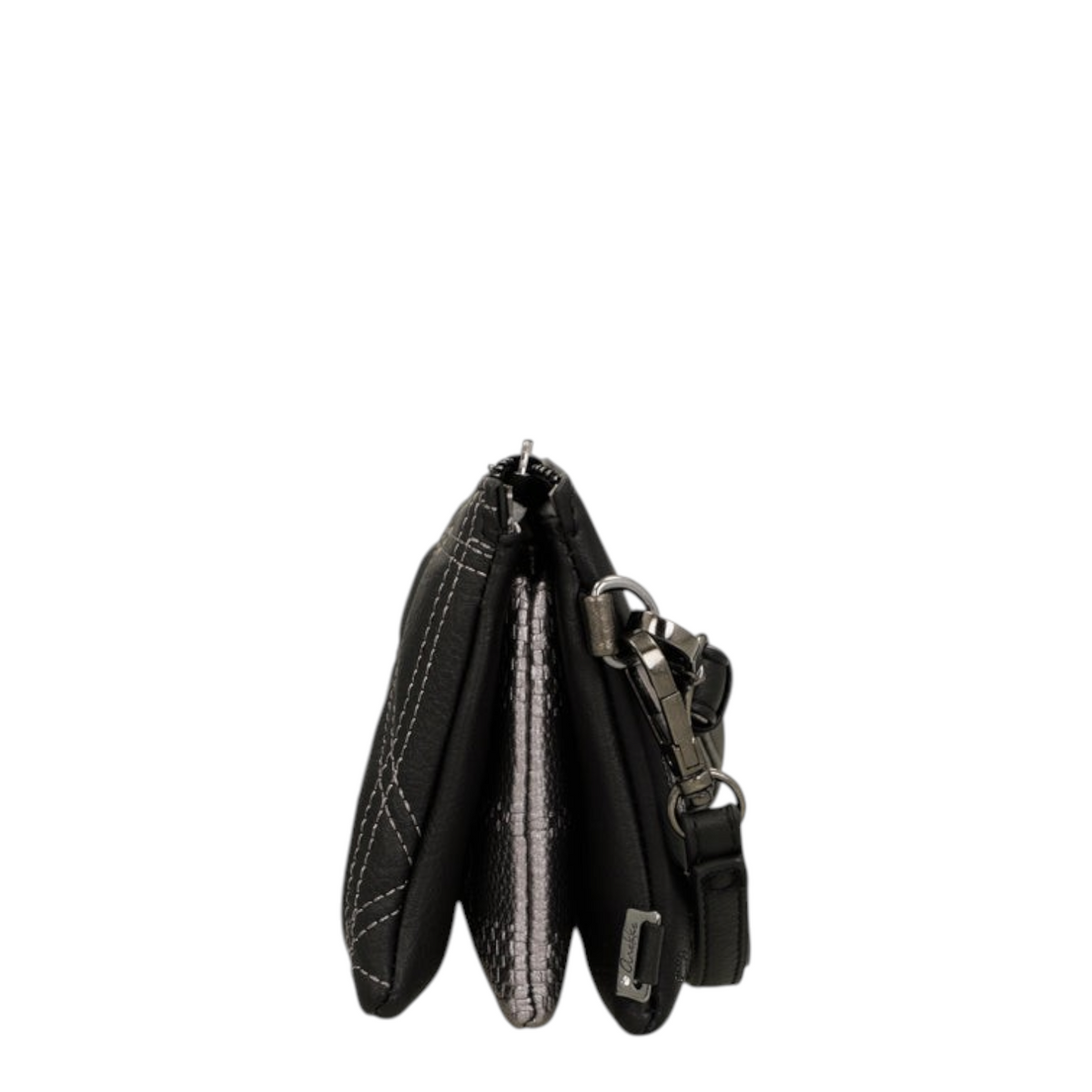 Lieblingstasche black quilted cross-body bag with silver metallic accents and side view showing multiple compartments
