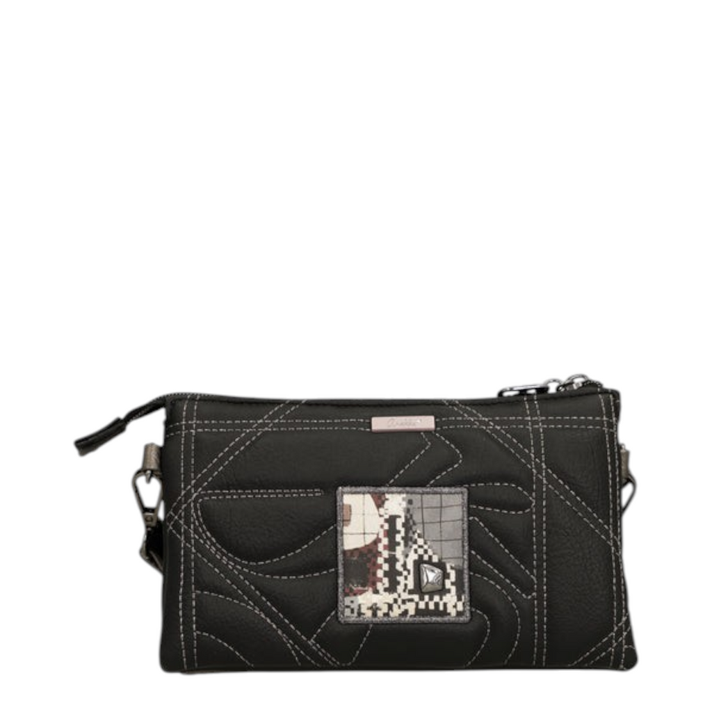 Lieblingstasche black quilted cross-body bag with white contrast stitching and a geometric patterned patch detail