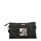 Lieblingstasche black quilted cross-body bag with white contrast stitching and a geometric patterned patch detail