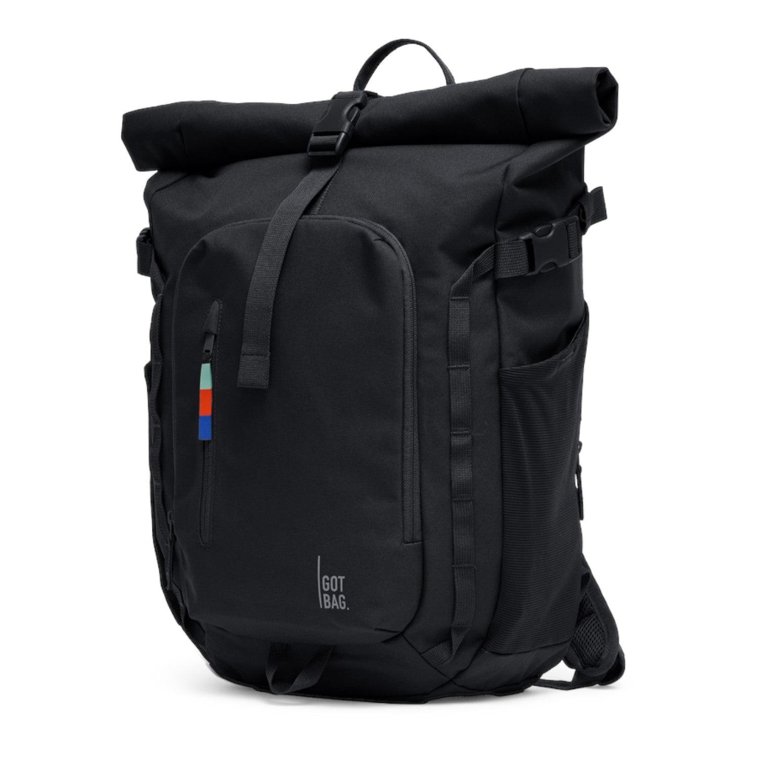 Lieblingstasche black rolltop adventure backpack with colorful zipper pull and side mesh pockets.