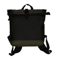 Lieblingstasche black coated rolltop backpack with olive green base and buckle closure.