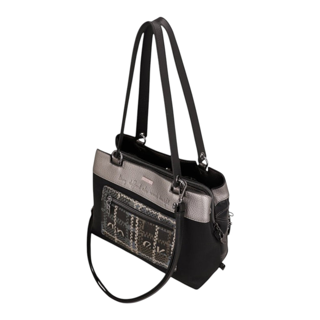 Lieblingstasche shoulder bag in black and metallic silver with a patterned front pocket and dual carry straps