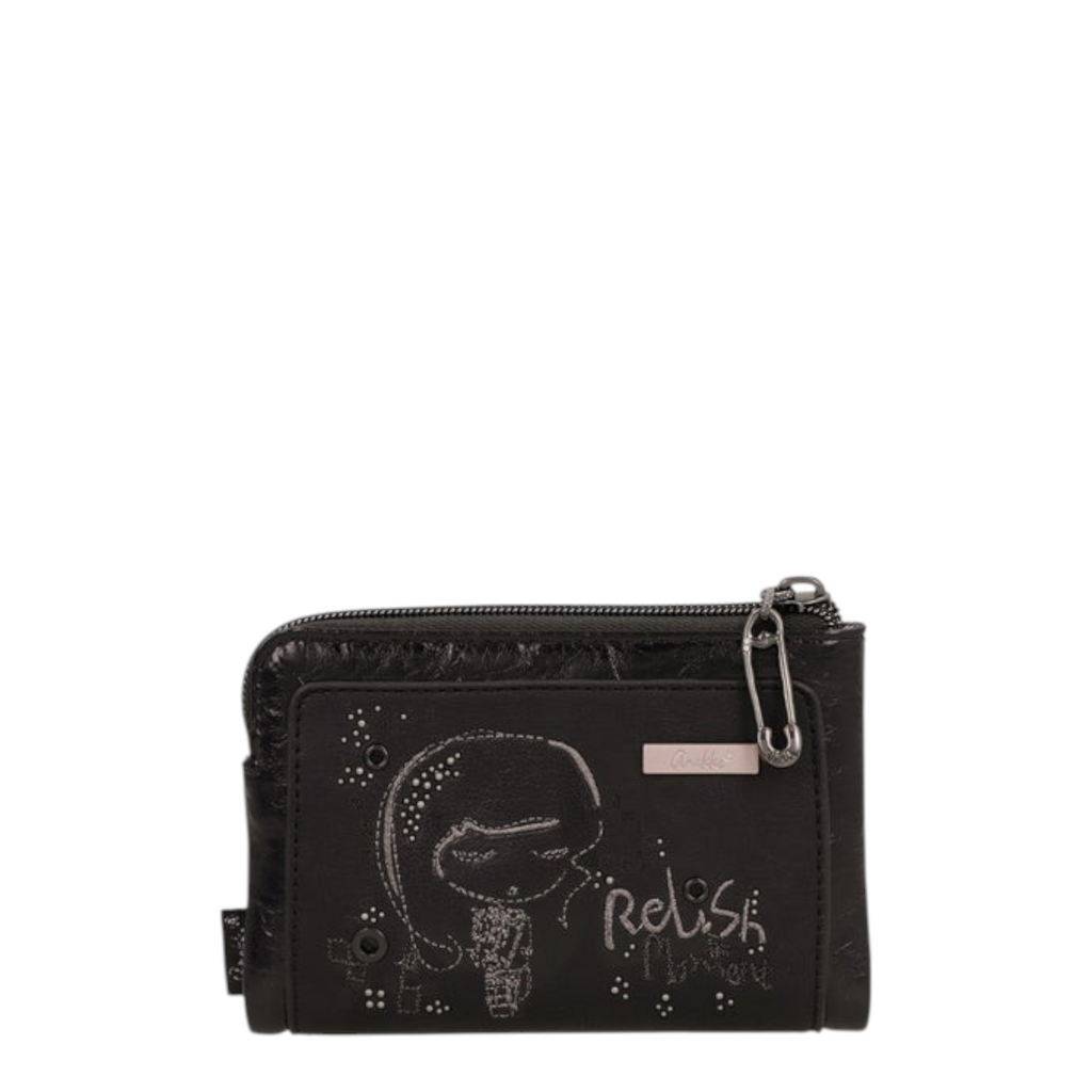 Lieblingstasche black wallet with a whimsical girl illustration, silver hardware, and a decorative safety pin detail.