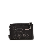 Lieblingstasche black wallet with a whimsical girl illustration, silver hardware, and a decorative safety pin detail.