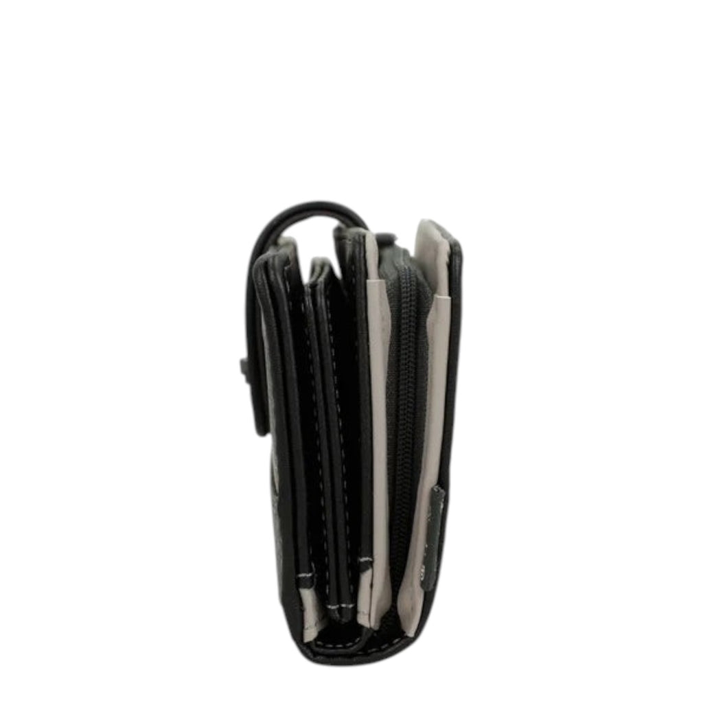 Lieblingstasche black wallet with side view showing multiple compartments and zipper closure