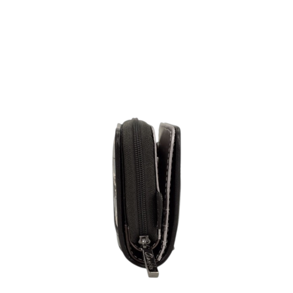 Lieblingstasche black wallet with a secure zip-around closure and metallic zipper pull, side profile view