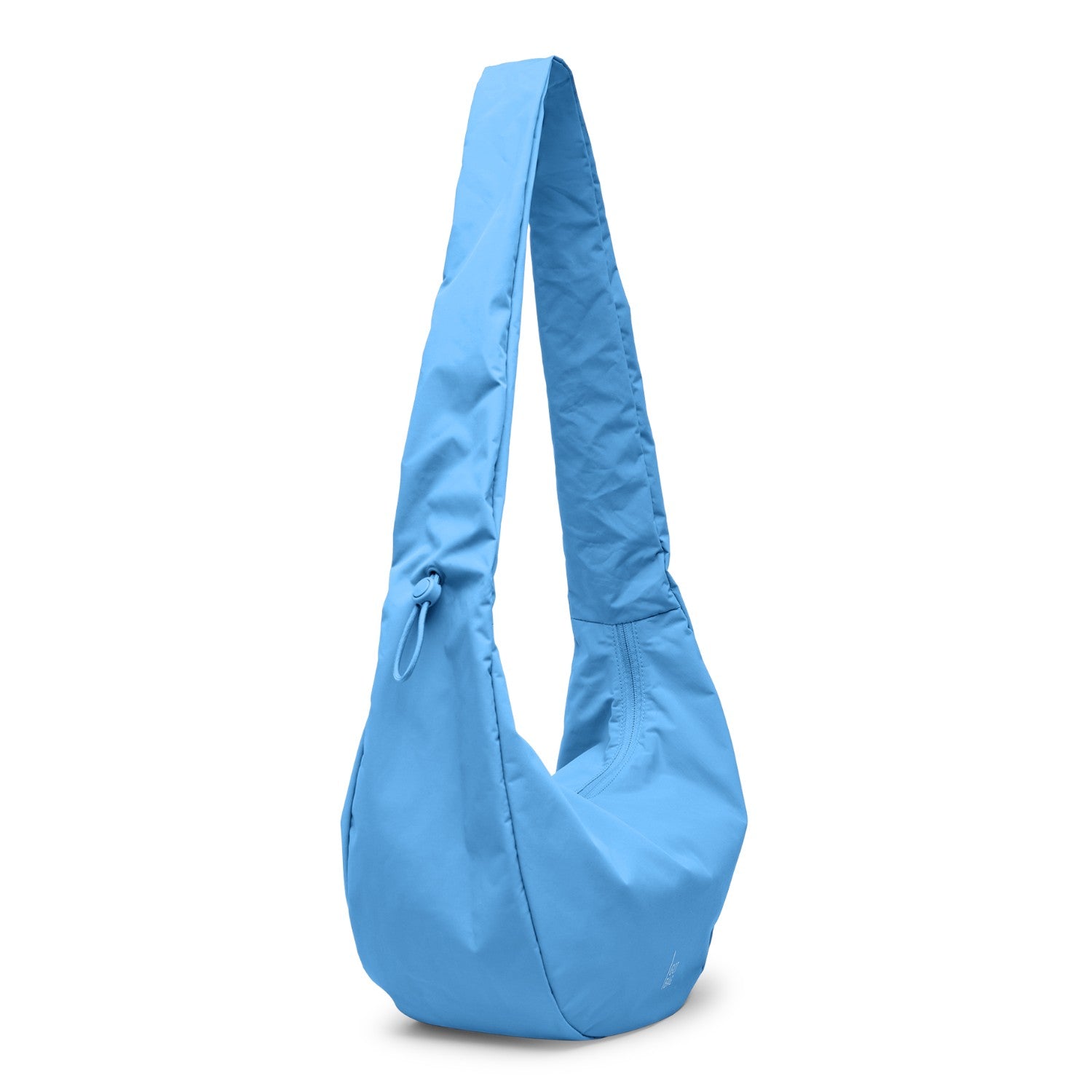 Lieblingstasche large light blue nylon moon bag with adjustable drawstring strap and zip closure.