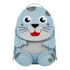 Lieblingstasche blue seal backpack with grey spots, mesh back panel, and two zippered pockets.