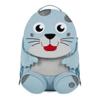 Lieblingstasche blue seal backpack with grey spots, mesh back panel, and two zippered pockets.