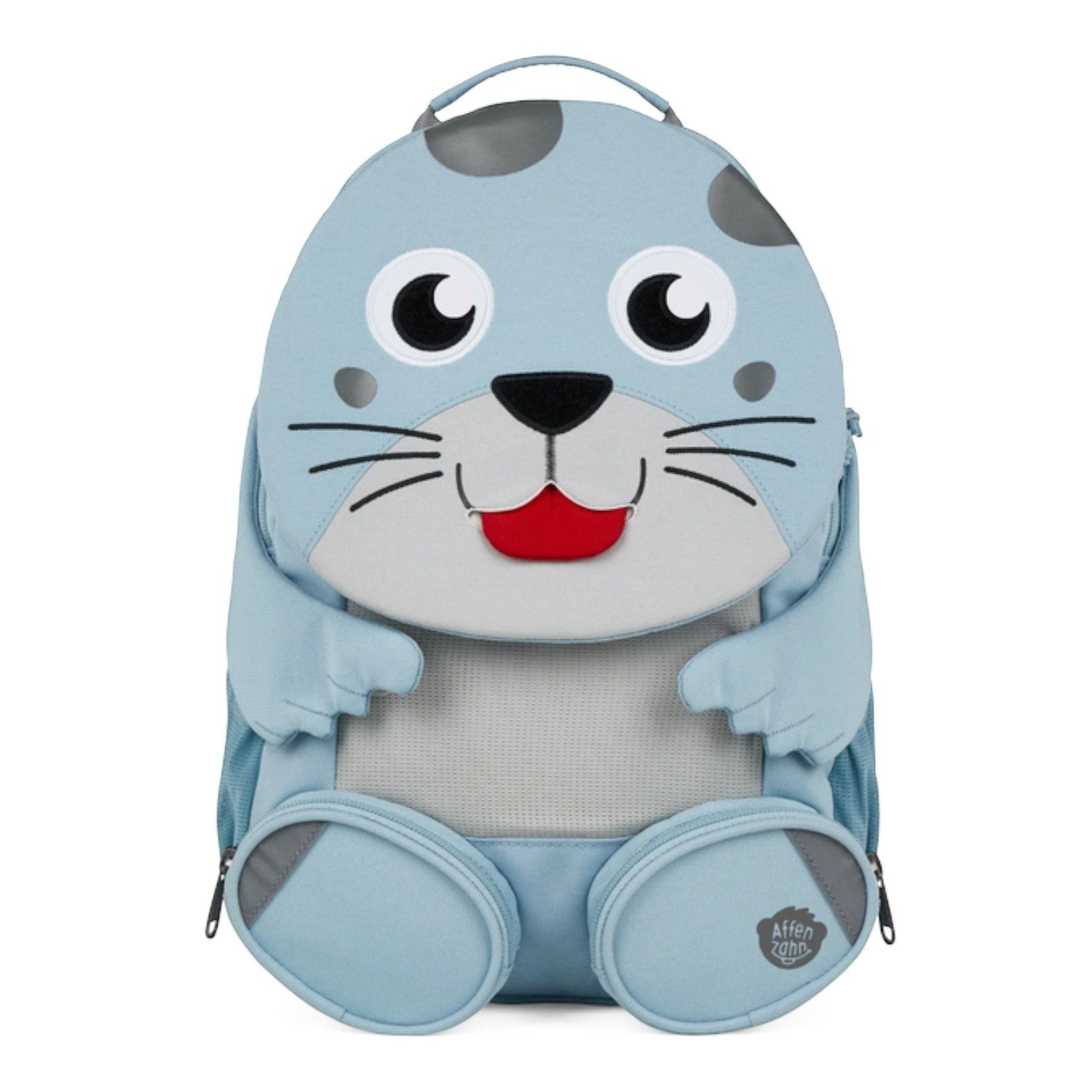 Lieblingstasche blue seal backpack with grey spots, mesh back panel, and two zippered pockets.