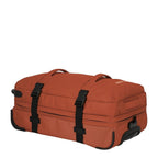 Lieblingstasche BOLONIA M rolling travel bag in burnt orange fabric with black straps and wheels.