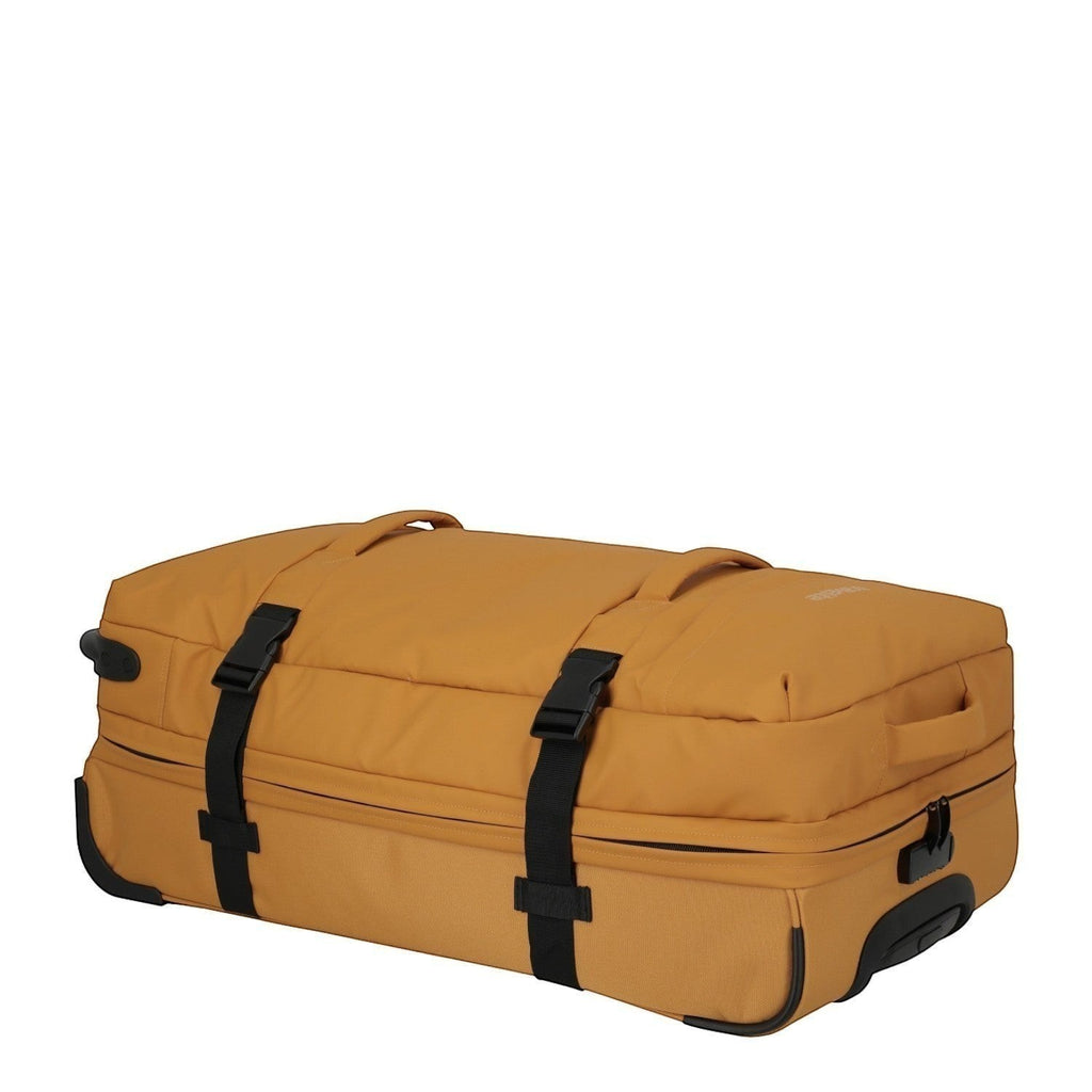Lieblingstasche BOLONIA L rolling travel bag in mustard yellow fabric with black straps and wheels.