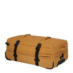 Lieblingstasche BOLONIA L rolling travel bag in mustard yellow fabric with black straps and wheels.
