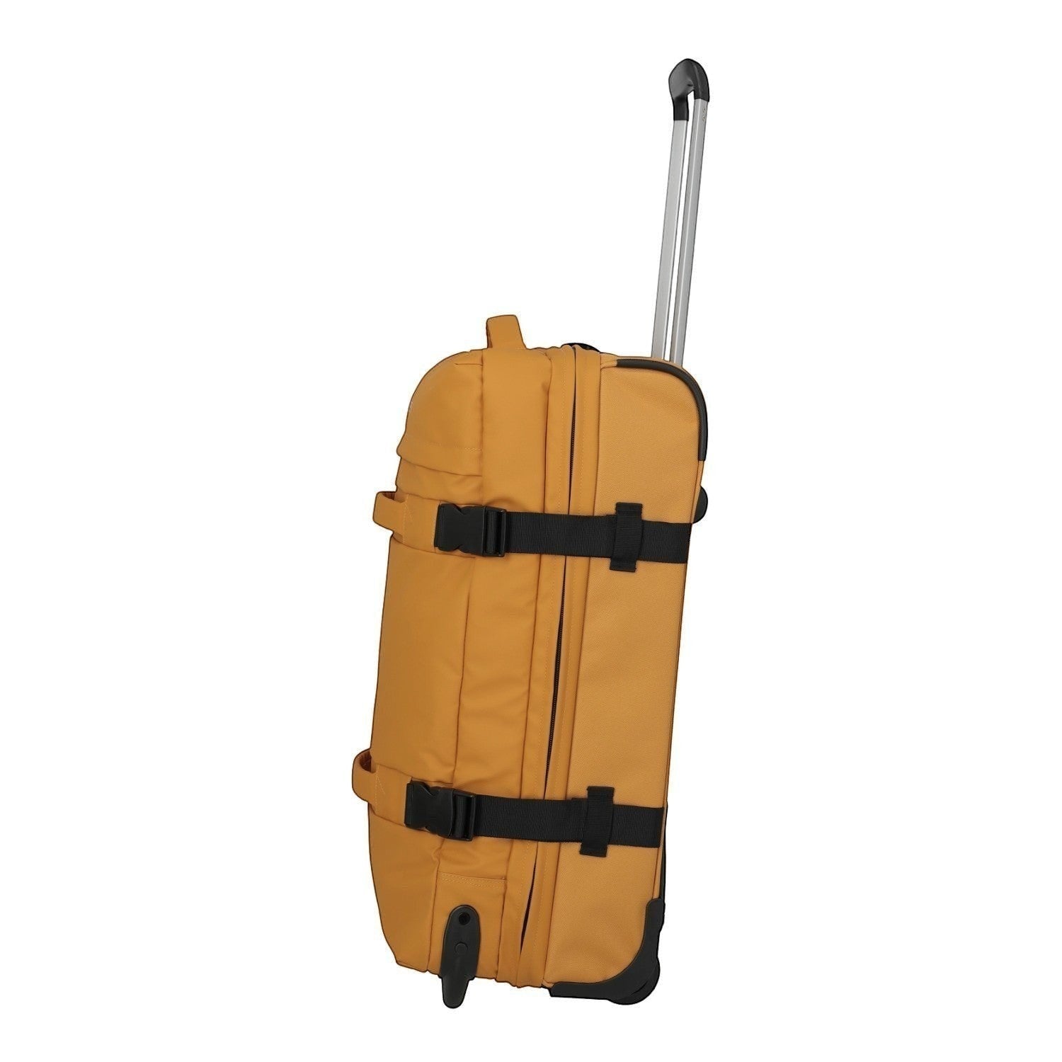 Lieblingstasche BOLONIA M mustard yellow rolling travel bag with black straps and silver handle.