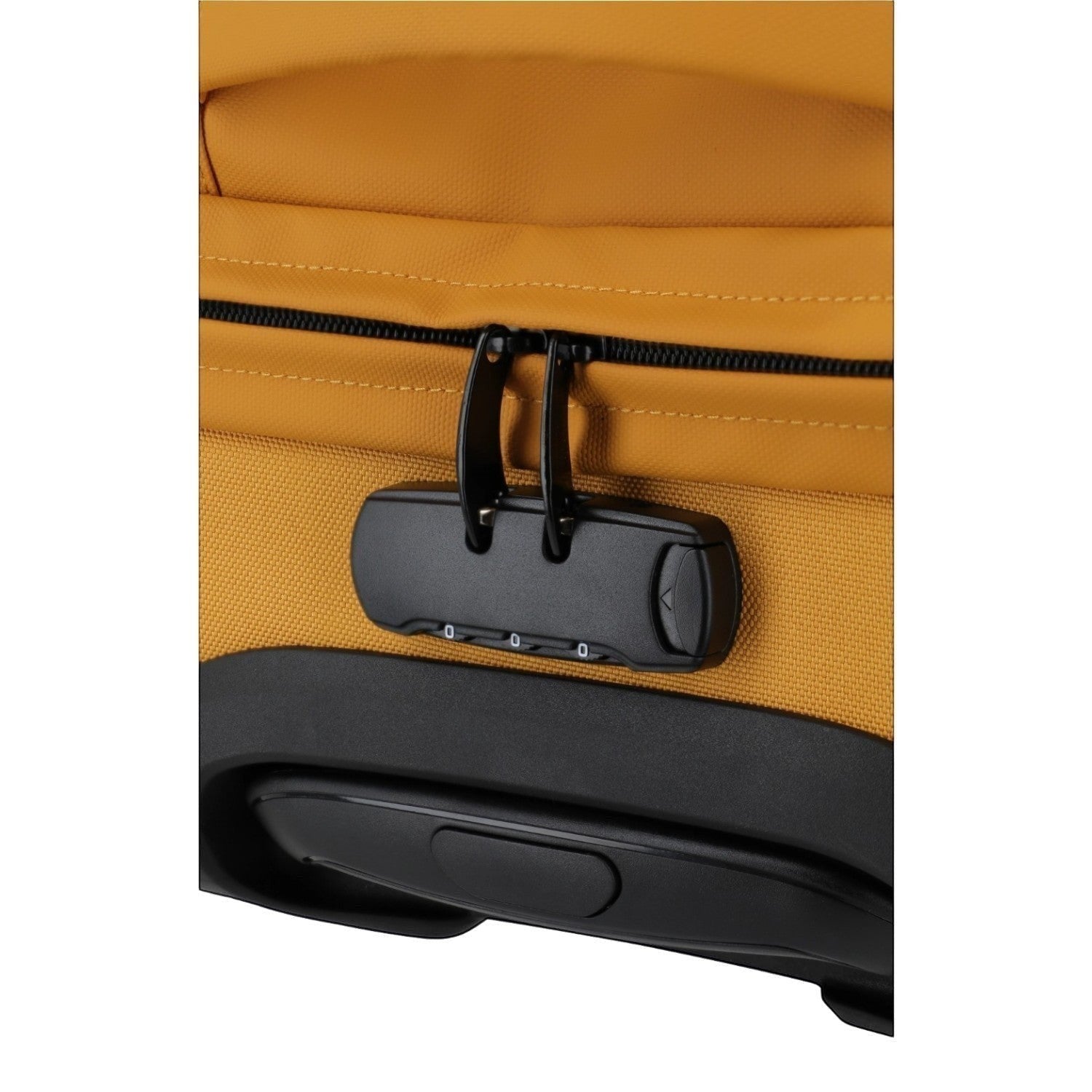 Lieblingstasche BOLONIA M travel bag in mustard yellow fabric with black combination lock and zipper.