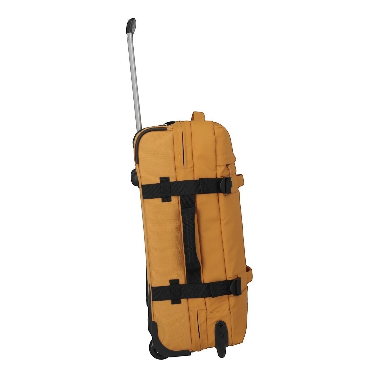 Lieblingstasche BOLONIA M rolling travel bag in mustard yellow fabric with black straps and wheels.