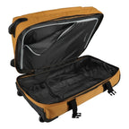 Lieblingstasche BOLONIA M rolling travel bag in mustard yellow with black interior and compression straps.