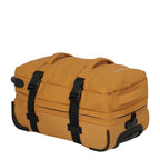 Lieblingstasche BOLONIA S rolling travel bag in mustard yellow with black straps and wheels.
