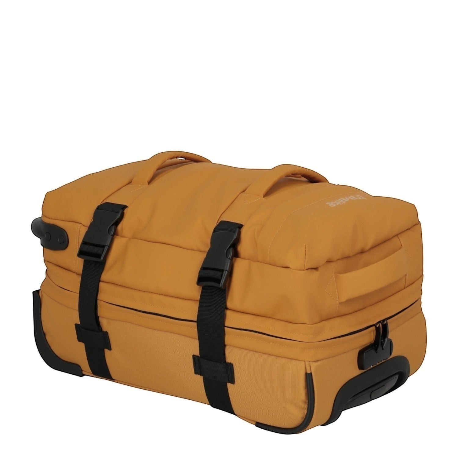 Lieblingstasche BOLONIA S rolling travel bag in mustard yellow with black straps and wheels.