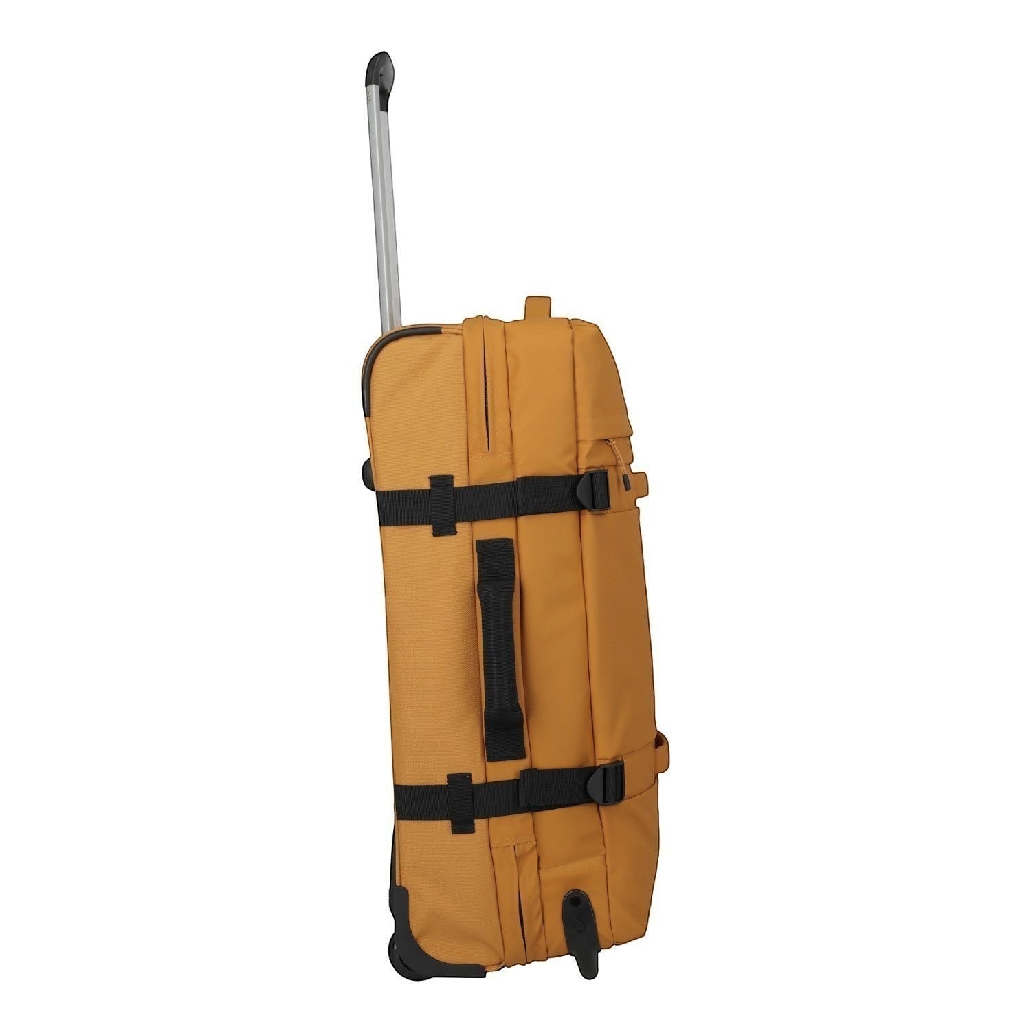 Lieblingstasche BOLONIA L mustard yellow rolling travel bag with black straps and telescopic handle.