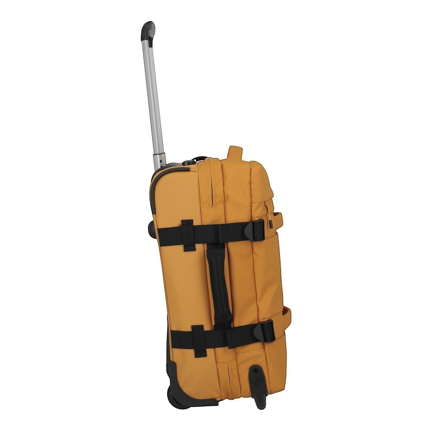 Lieblingstasche BOLONIA S mustard yellow rolling travel bag with black straps and telescopic handle.