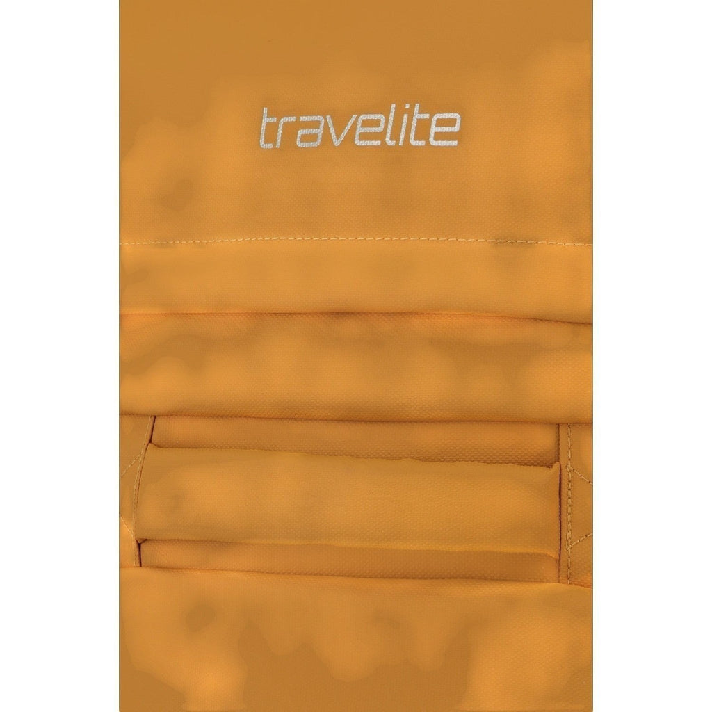 Lieblingstasche BOLONIA S travel bag in mustard yellow with padded handle and stitched details.