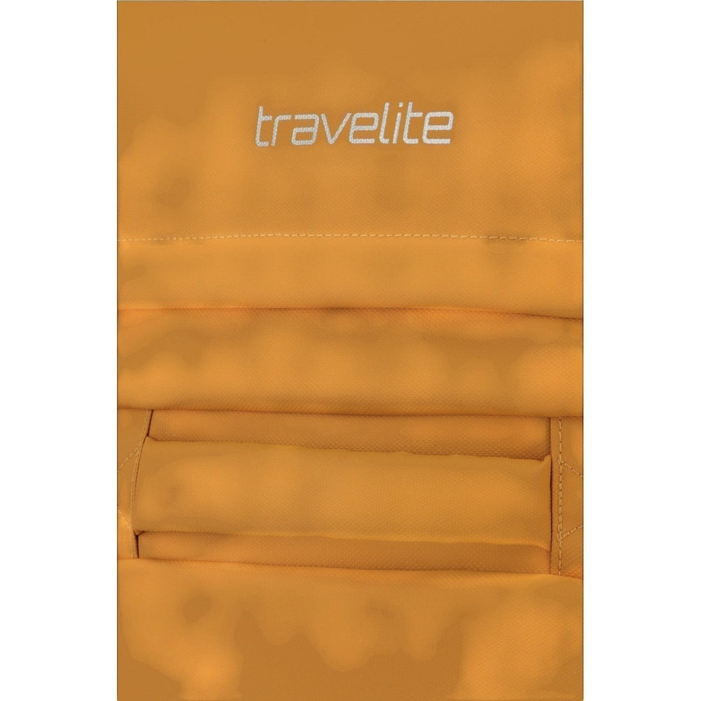 Lieblingstasche BOLONIA M wheeled travel bag in mustard yellow with padded handle and stitched details.