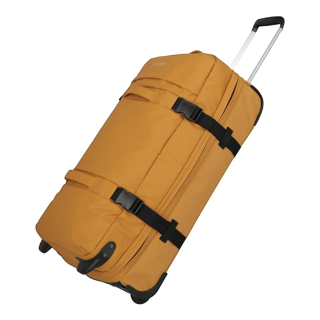 Lieblingstasche BOLONIA L mustard yellow wheeled travel bag with black straps and telescopic handle.