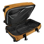 Lieblingstasche BOLONIA L mustard yellow wheeled travel bag, open to show spacious interior with black lining and zippered pockets.