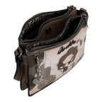 Lieblingstasche cross-body bag in bronze with Anekke character print, multiple zippered compartments, and charm