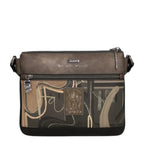 Lieblingstasche cross-body bag in brown with abstract graphic print, zippered pockets, and metallic logo detail.