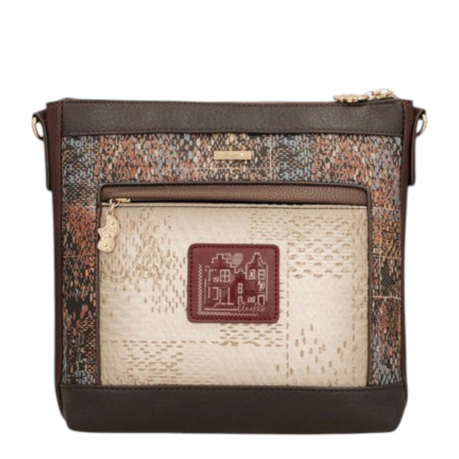 Lieblingstasche cross-body bag in brown and beige with a textured patterned front panel and a decorative logo patch.