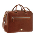 Lieblingstasche brown leather briefcase with top handles, adjustable shoulder strap, and multiple zippered compartments.