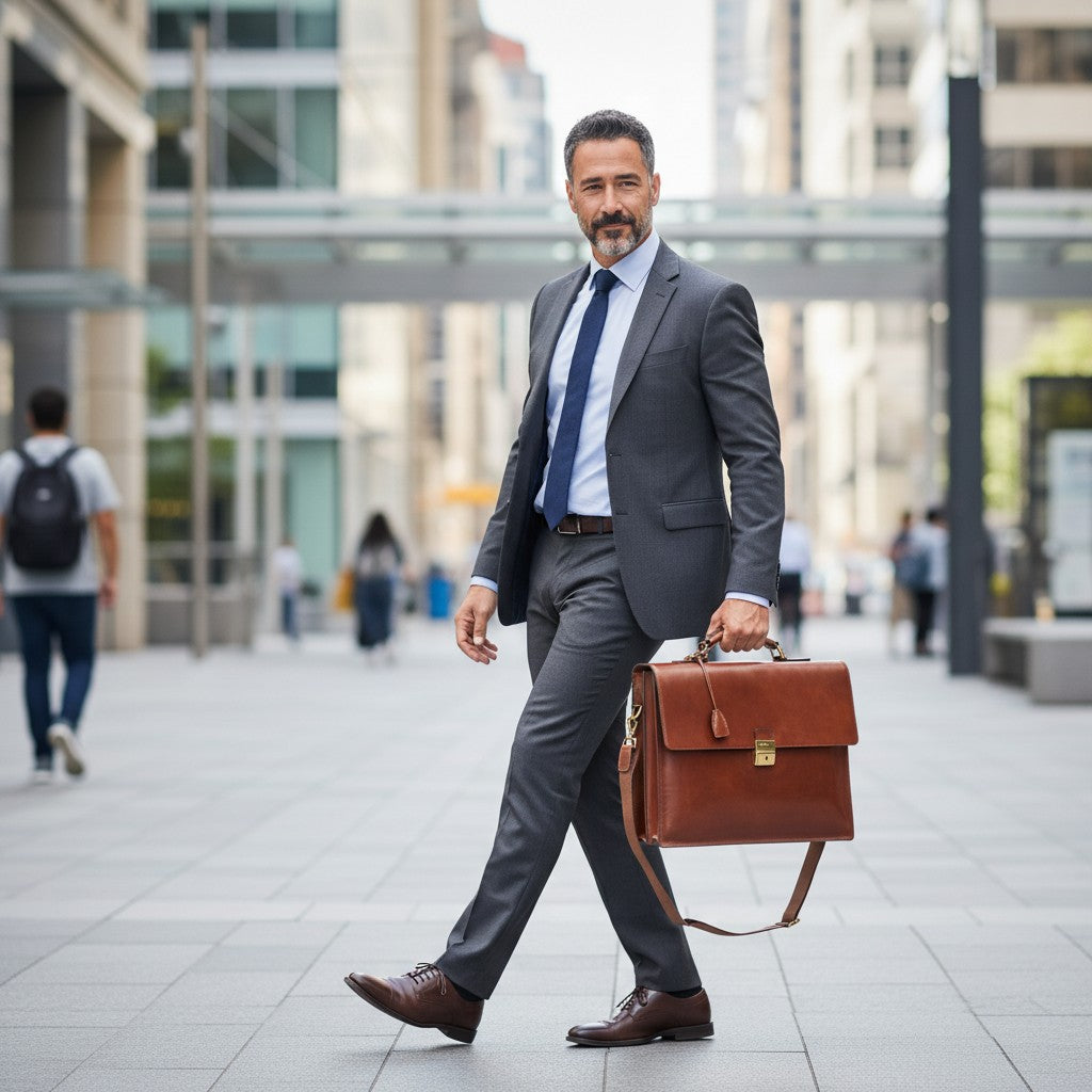 Lieblingstasche brown leather briefcase with gold hardware and a detachable shoulder strap.