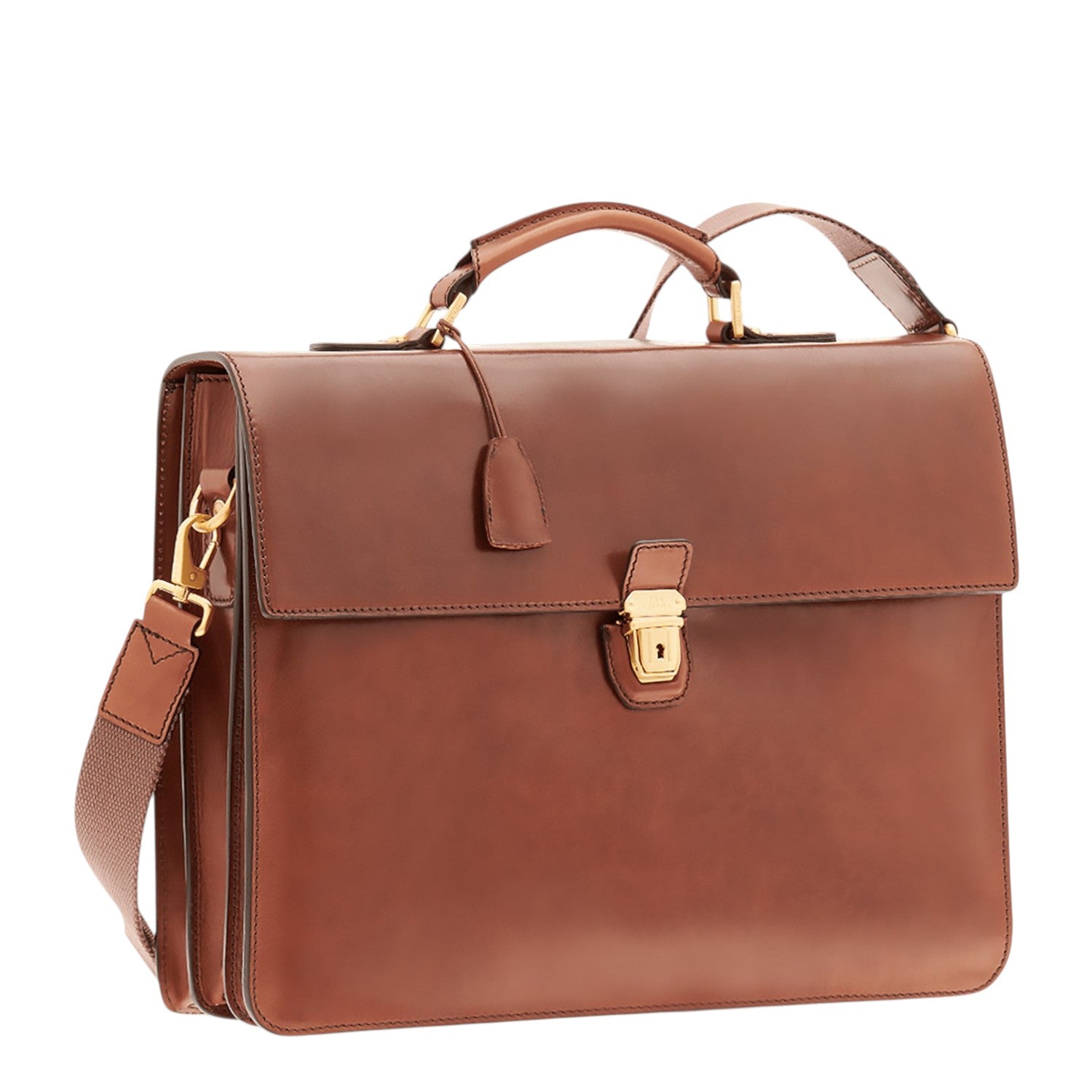 Lieblingstasche brown leather briefcase with top handles, a detachable shoulder strap, and a gold-tone key lock closure.