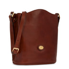 Lieblingstasche brown leather bucket bag with adjustable strap and gold buckle detail.