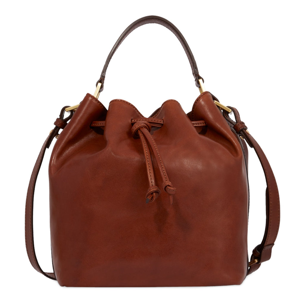 Lieblingstasche brown leather drawstring bucket bag with shoulder strap and top handle.