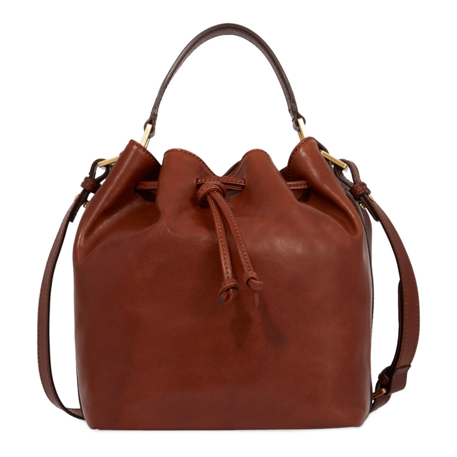 Lieblingstasche brown leather drawstring bucket bag with shoulder strap and top handle.