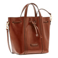 Lieblingstasche brown leather bucket bag with drawstring closure and top handles.